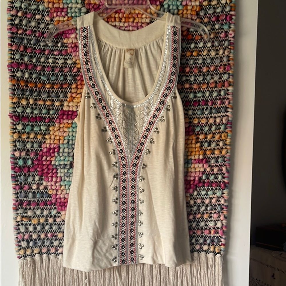 Anthropologie Cream Embellished Tank Top